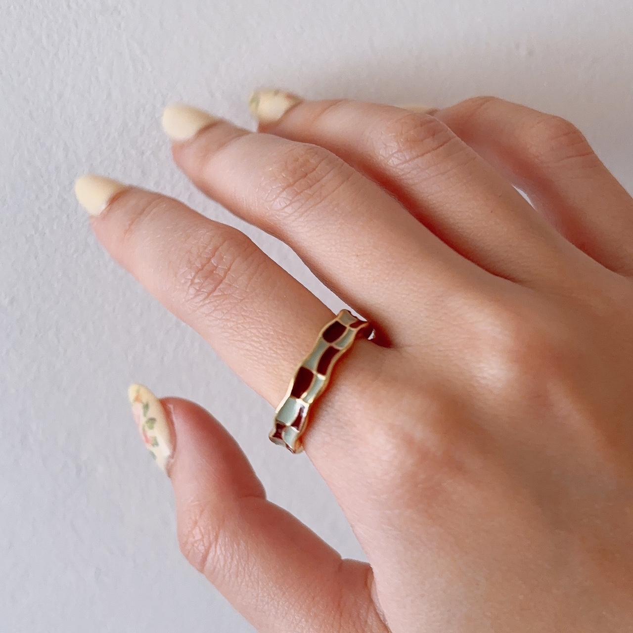 Alice in Wonderland Maroon Checkered Enamel Open Ring