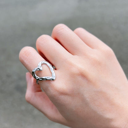 A place in my heart silver textured hollow heart ring