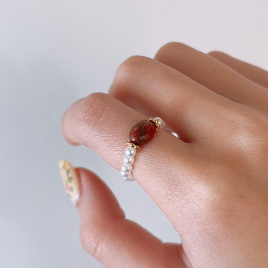 Dareia pearl beads red stone ring