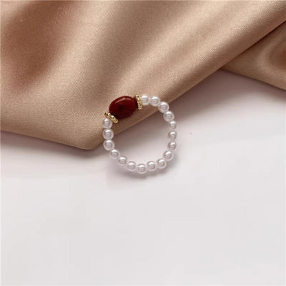 Dareia pearl beads red stone ring