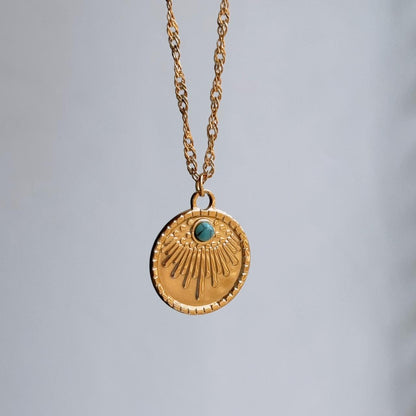 Fleurette engraved turquoise gold pendant necklace