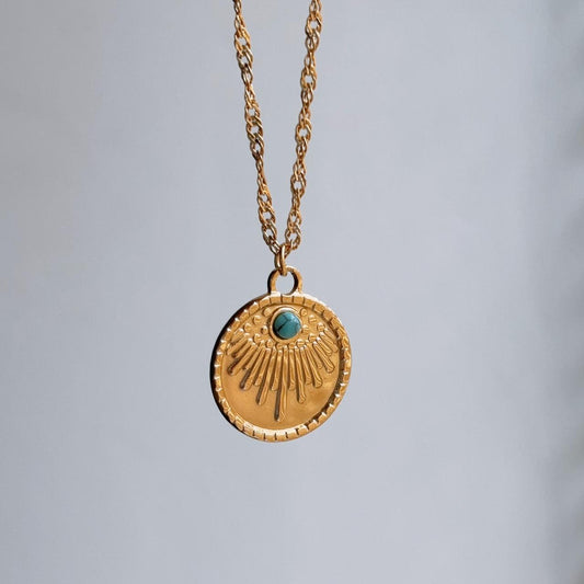 Fleurette engraved turquoise gold pendant necklace