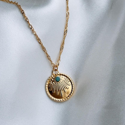 Fleurette engraved turquoise gold pendant necklace