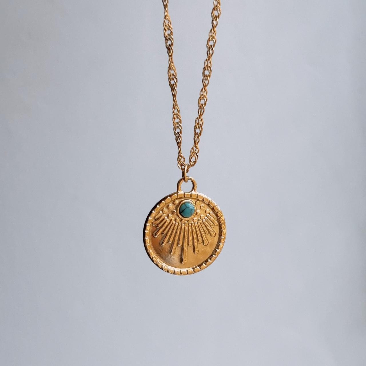 Fleurette engraved turquoise gold pendant necklace