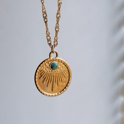 Fleurette engraved turquoise gold pendant necklace