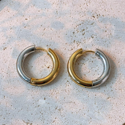 Gold and silver contrast medium hoop earrings