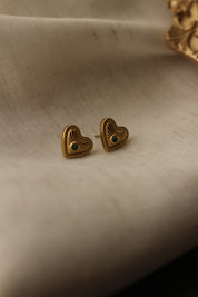 Emerald Lucky Heart Gold Stud Earrings