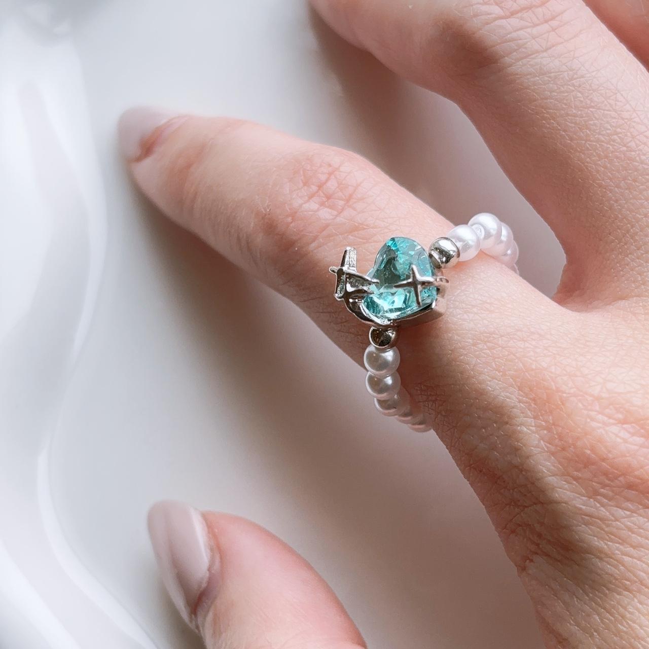 Icy blue heart gem pearl ring