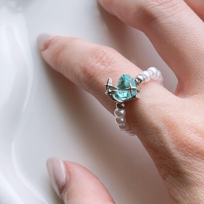 Icy blue heart gem pearl ring