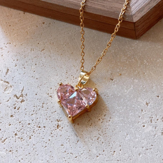 Louisa pink gem heart gold necklace