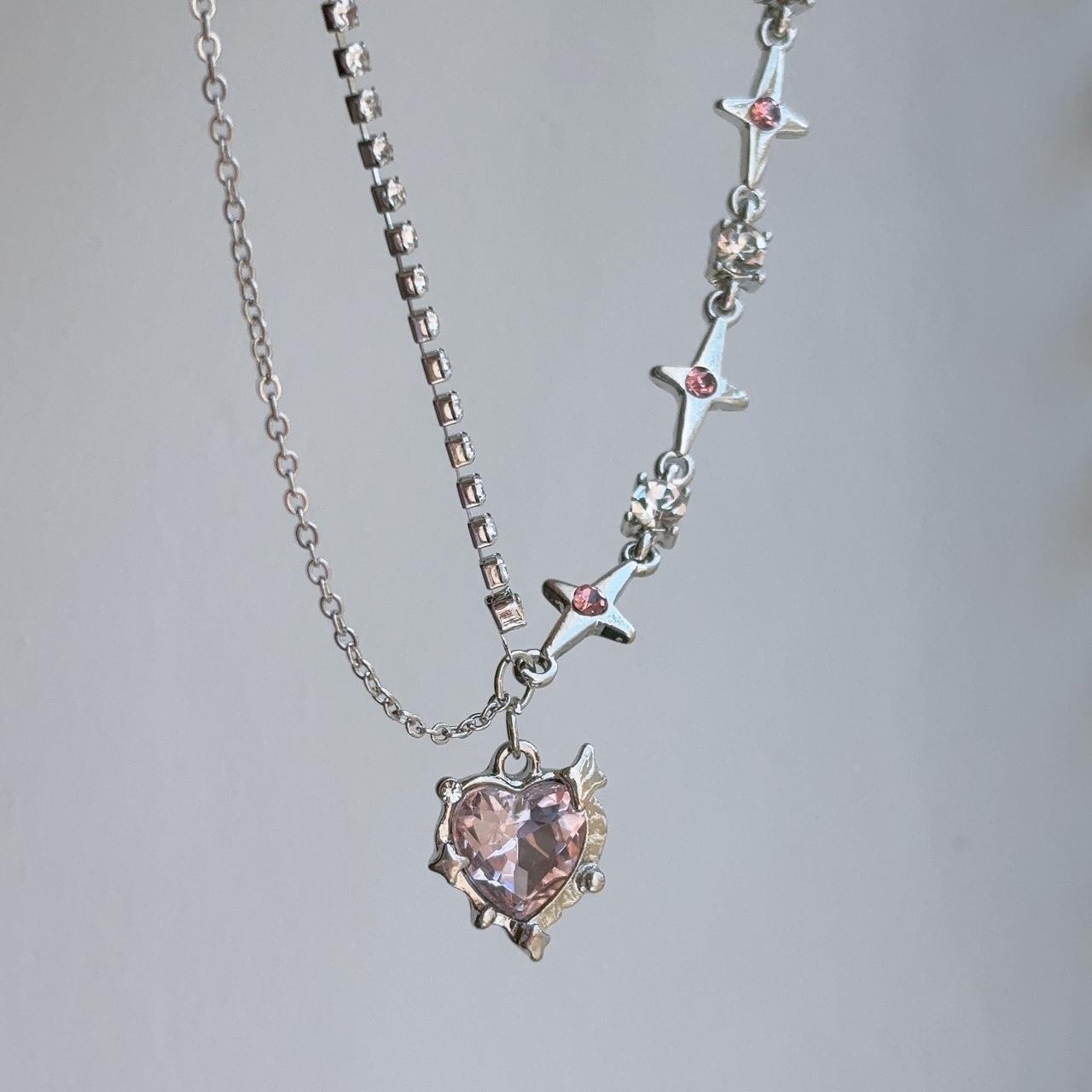 Love Stars Heart Pink Gem Pendant Necklace