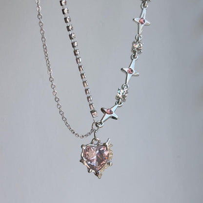 Love stars heart pink gem pendant necklace