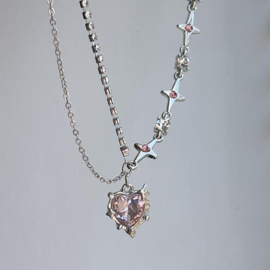 Love stars heart pink gem pendant necklace