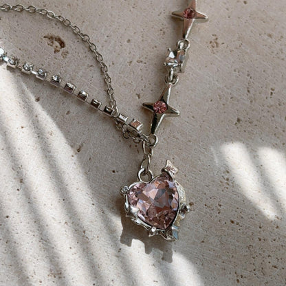 Love stars heart pink gem pendant necklace