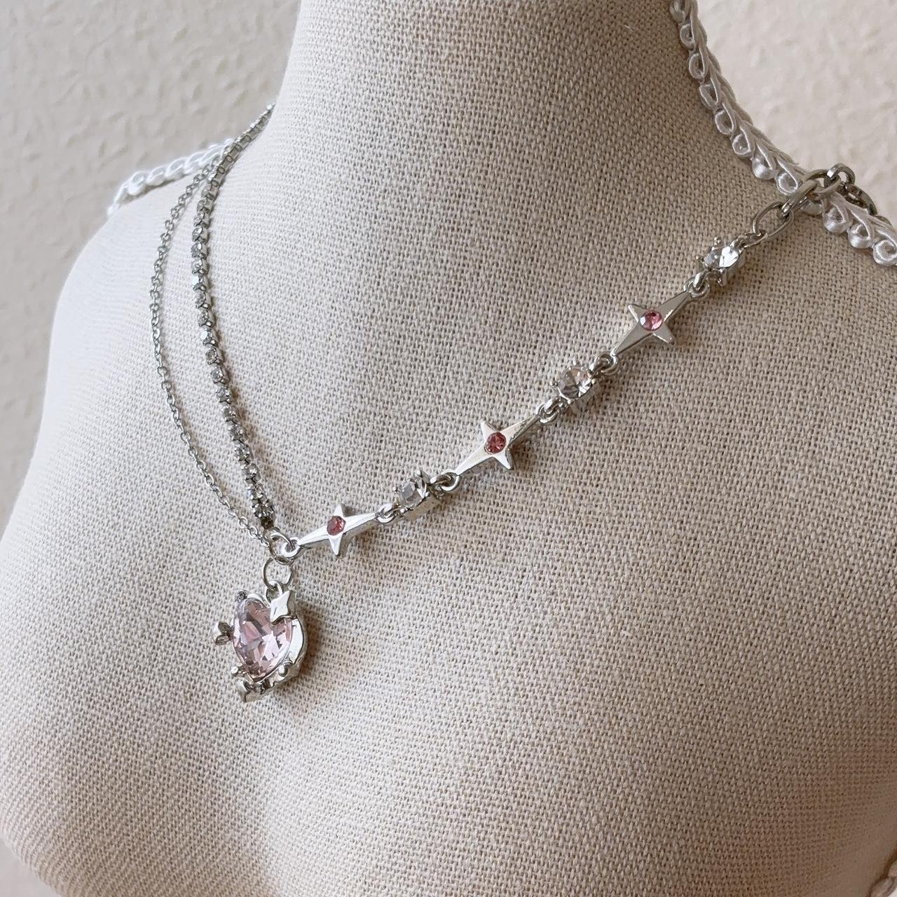 Love stars heart pink gem pendant necklace