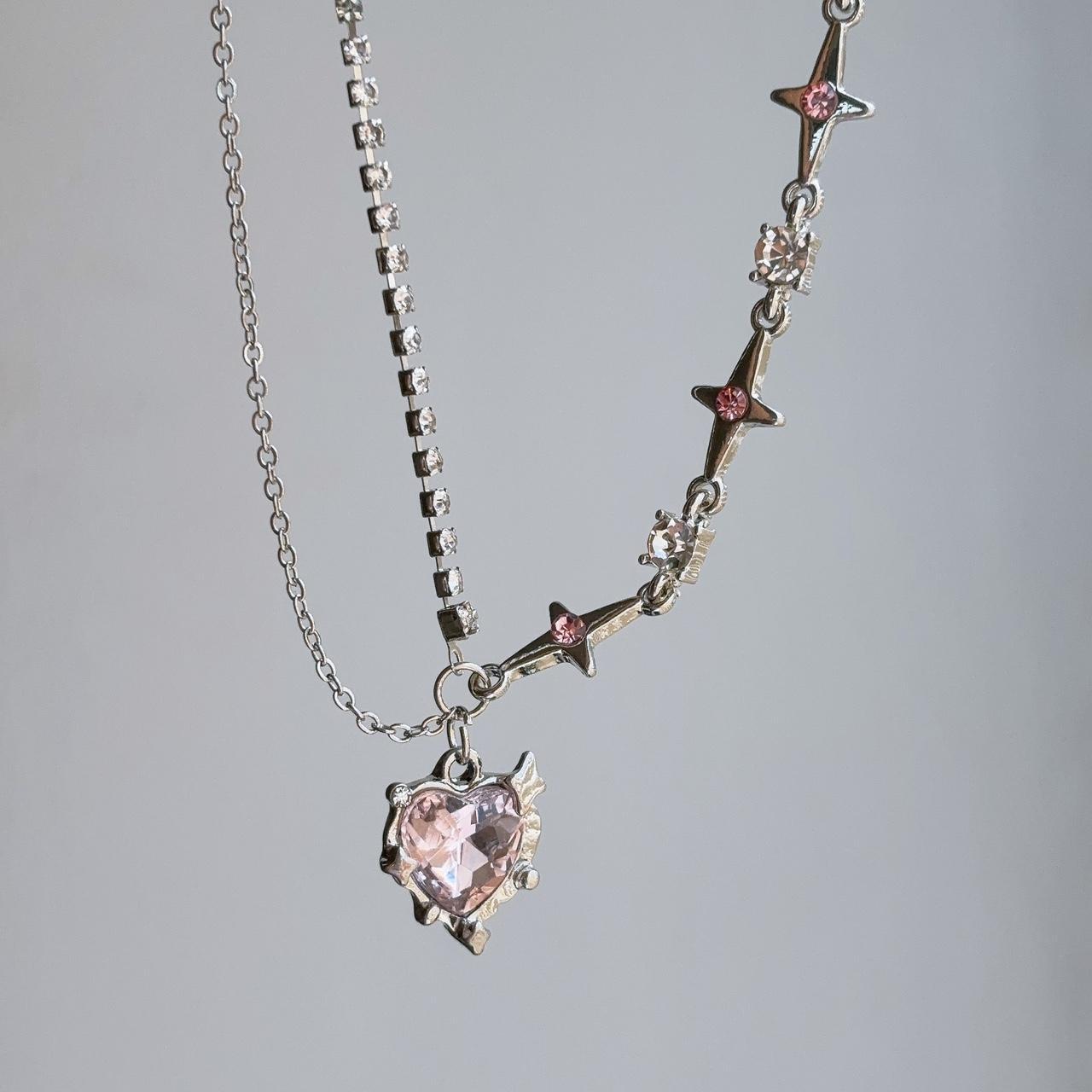 Love stars heart pink gem pendant necklace