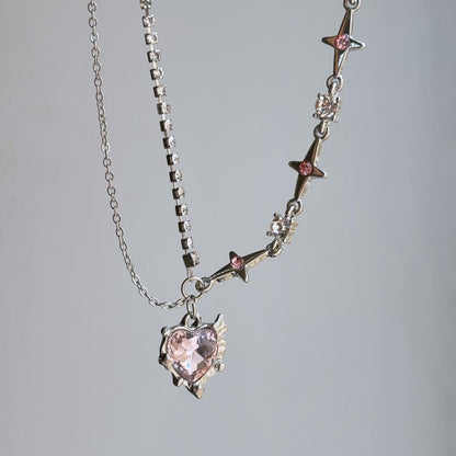 Love stars heart pink gem pendant necklace