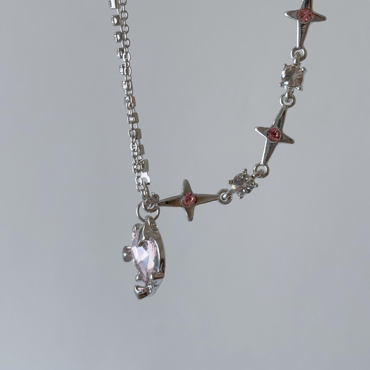 Love stars heart pink gem pendant necklace