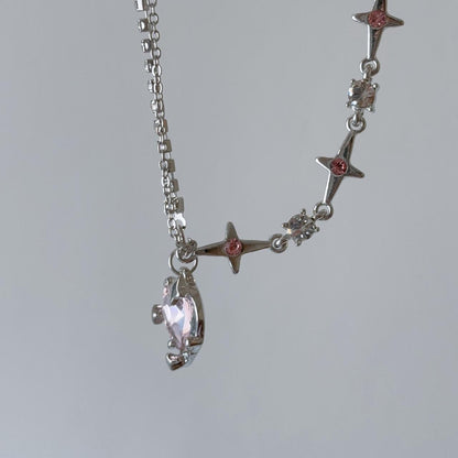 Love stars heart pink gem pendant necklace