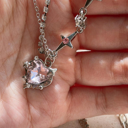 Love stars heart pink gem pendant necklace