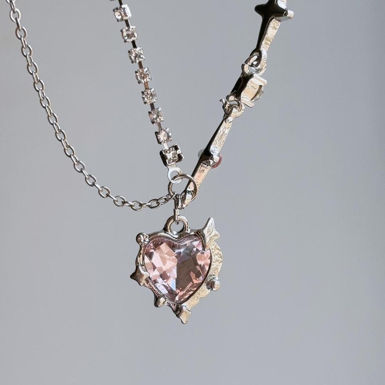 Love stars heart pink gem pendant necklace