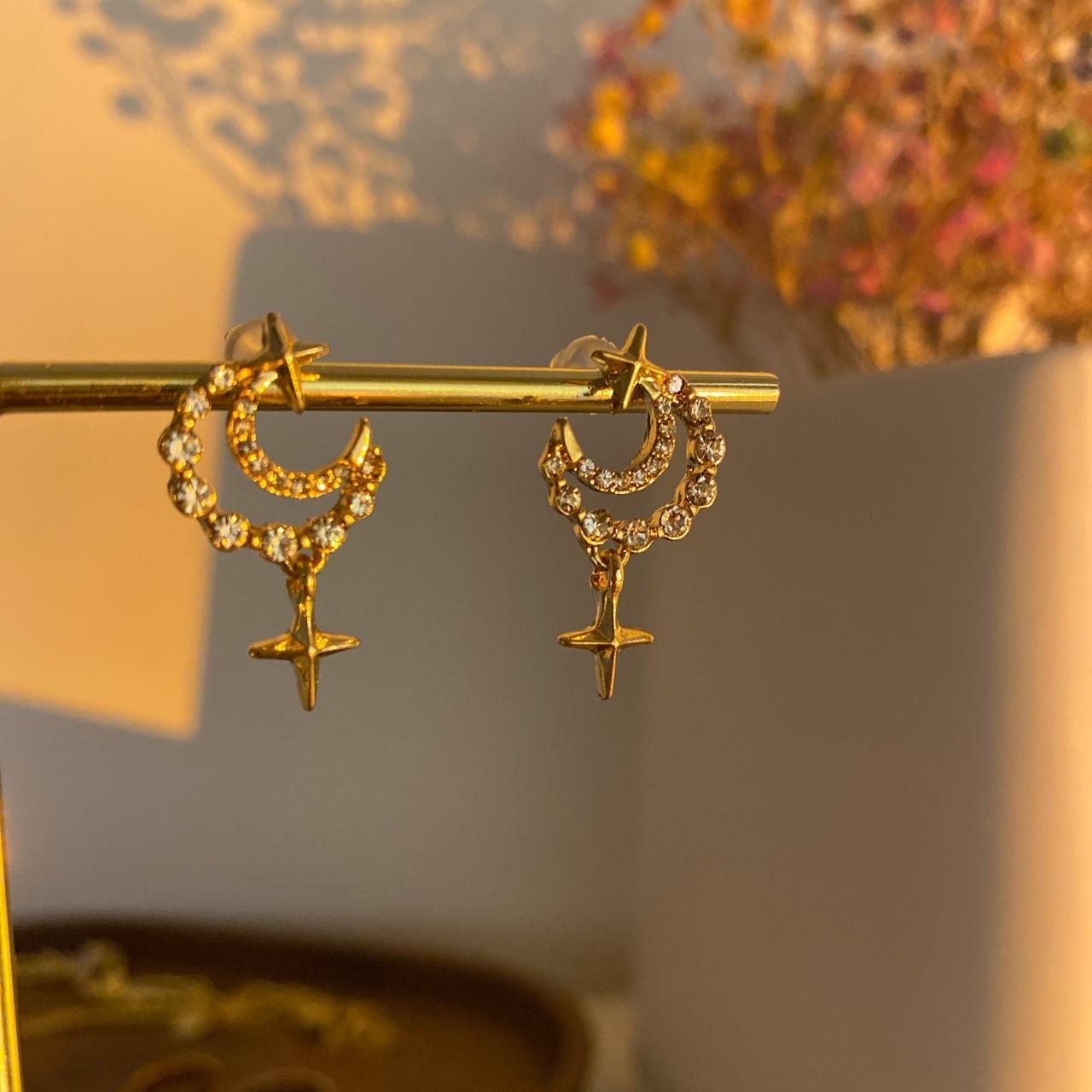 Gold Moon Drop Star Burst Embellished Dangle Earrings