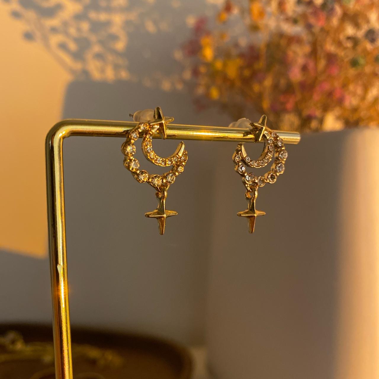 Gold Moon Drop Star Burst Embellished Dangle Earrings