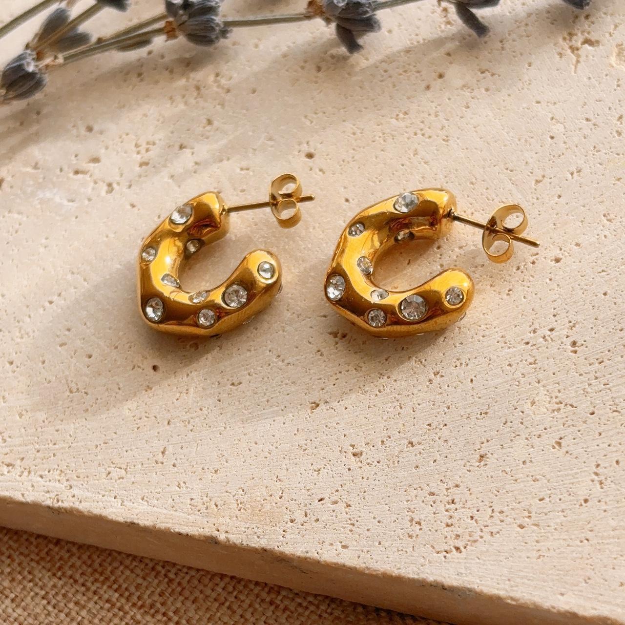 Textured embellished gold hoop stud earring