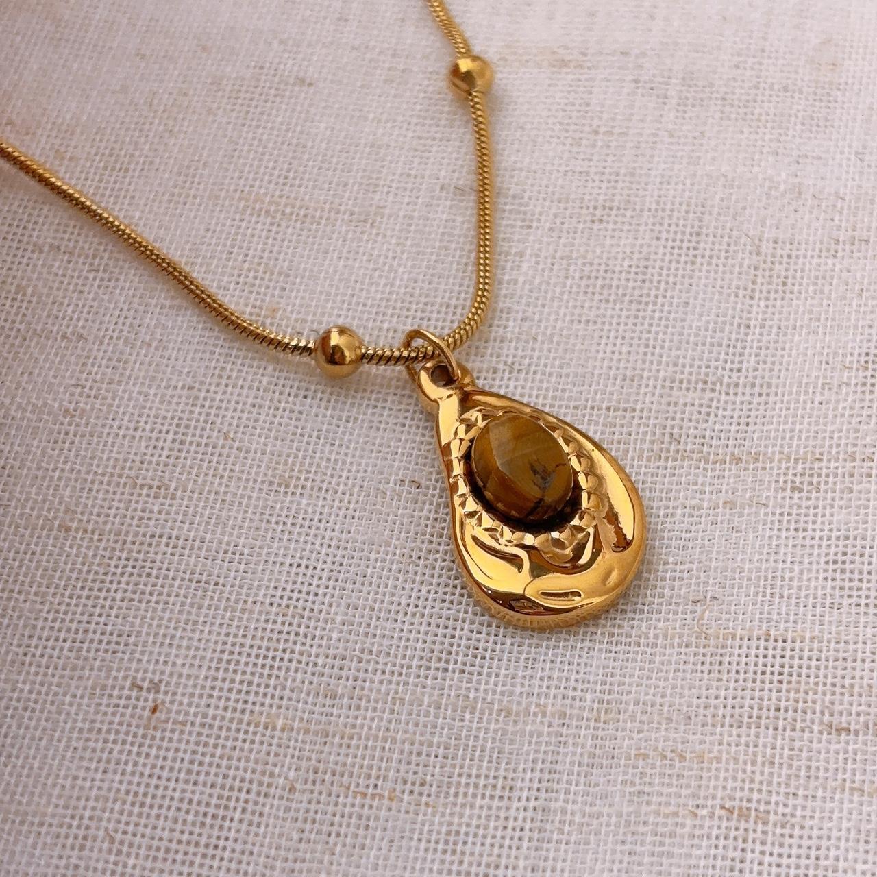 Tiger Stone Avocado Gold Pendant Necklace