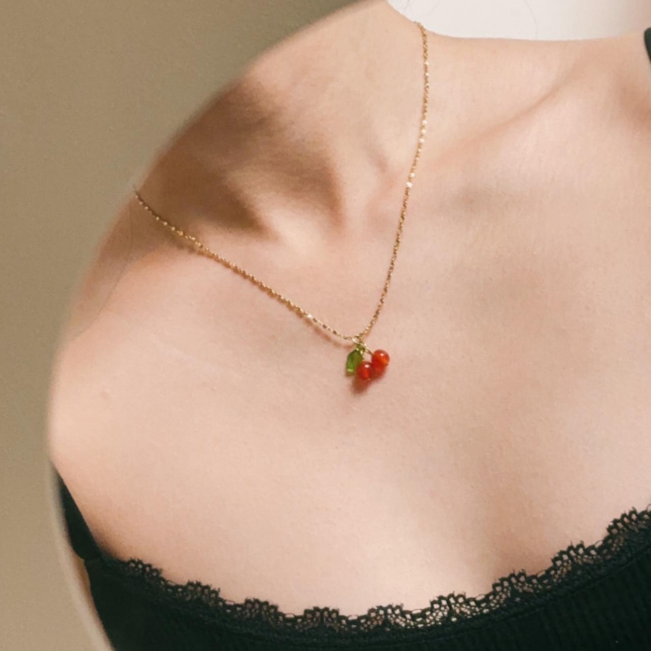Summer Cherry Pendant Gold Necklace