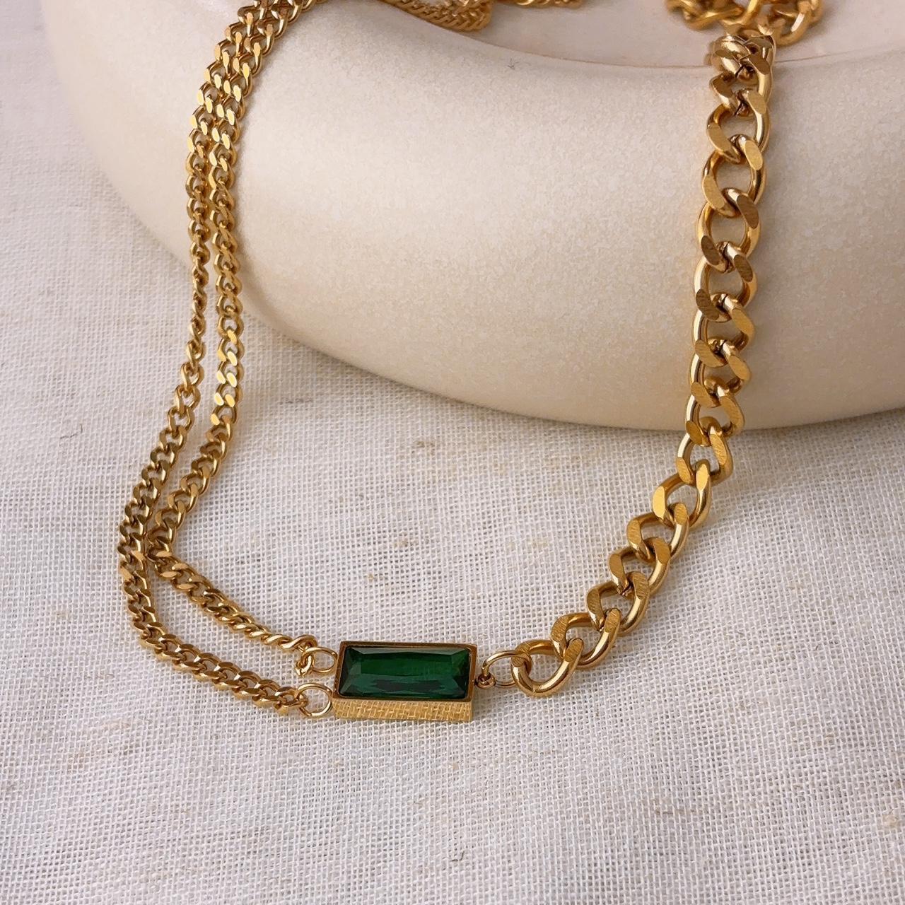 Faith Emerald Double Chain Gold Necklace