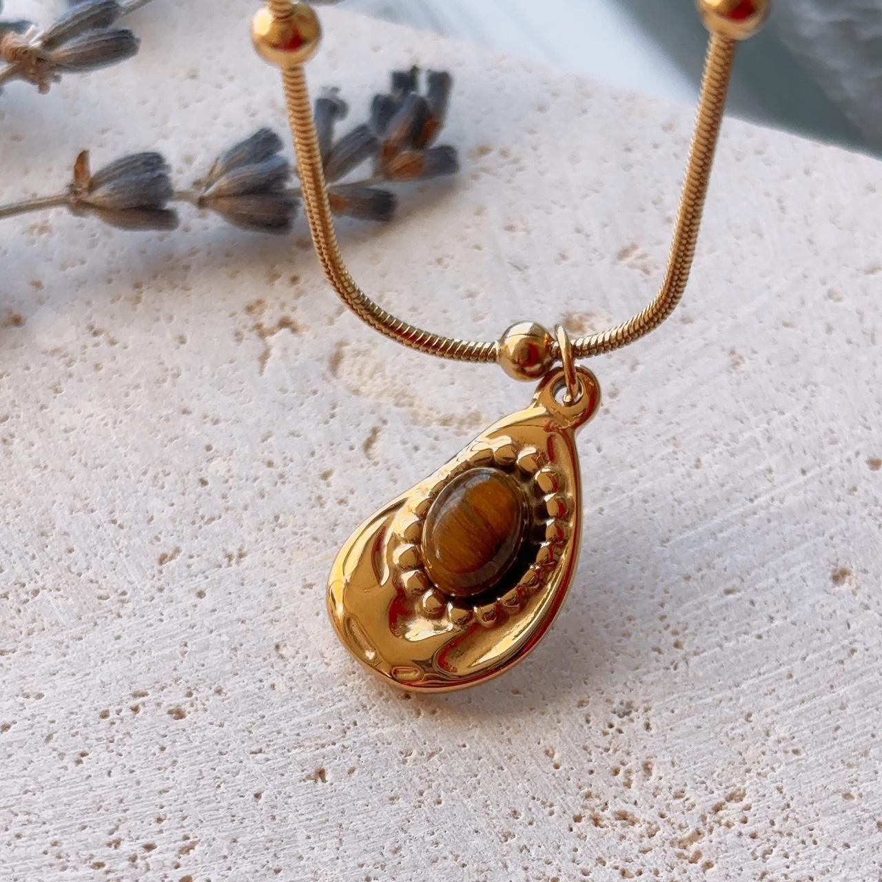 Tiger Stone Avocado Gold Pendant Necklace