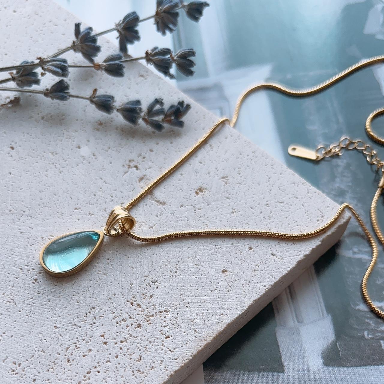 Bea Sky Blue Teardrop Pendant Gold Snake Chain Necklace