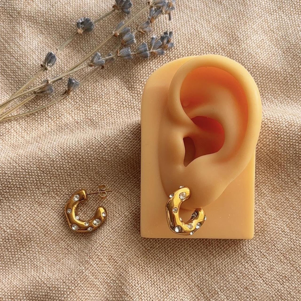 Textured embellished gold hoop stud earring