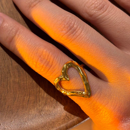 A place in my heart gold textured hollow heart ring