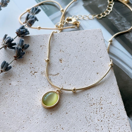 Lime green Cat eye gems gold necklace