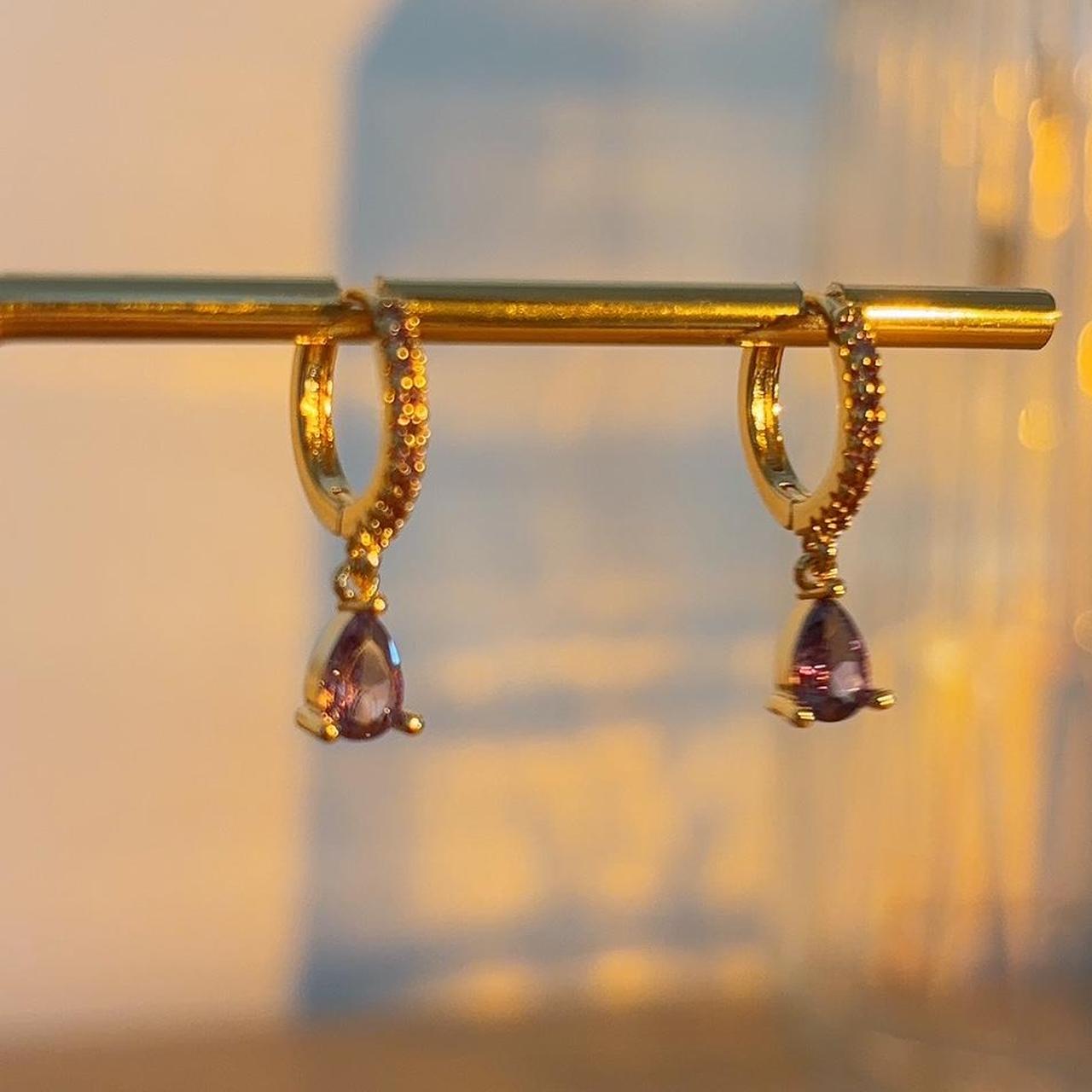 Teardrop dainty gold amethyst huggie earrings