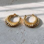 Sunburst Engraved Textured Gold Hoop Earring