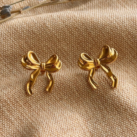 Ribbon bow gold stud earrings