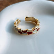 Alice in Wonderland Maroon Checkered Enamel Open Ring
