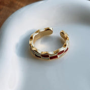 Alice in Wonderland Maroon Checkered Enamel Open Ring