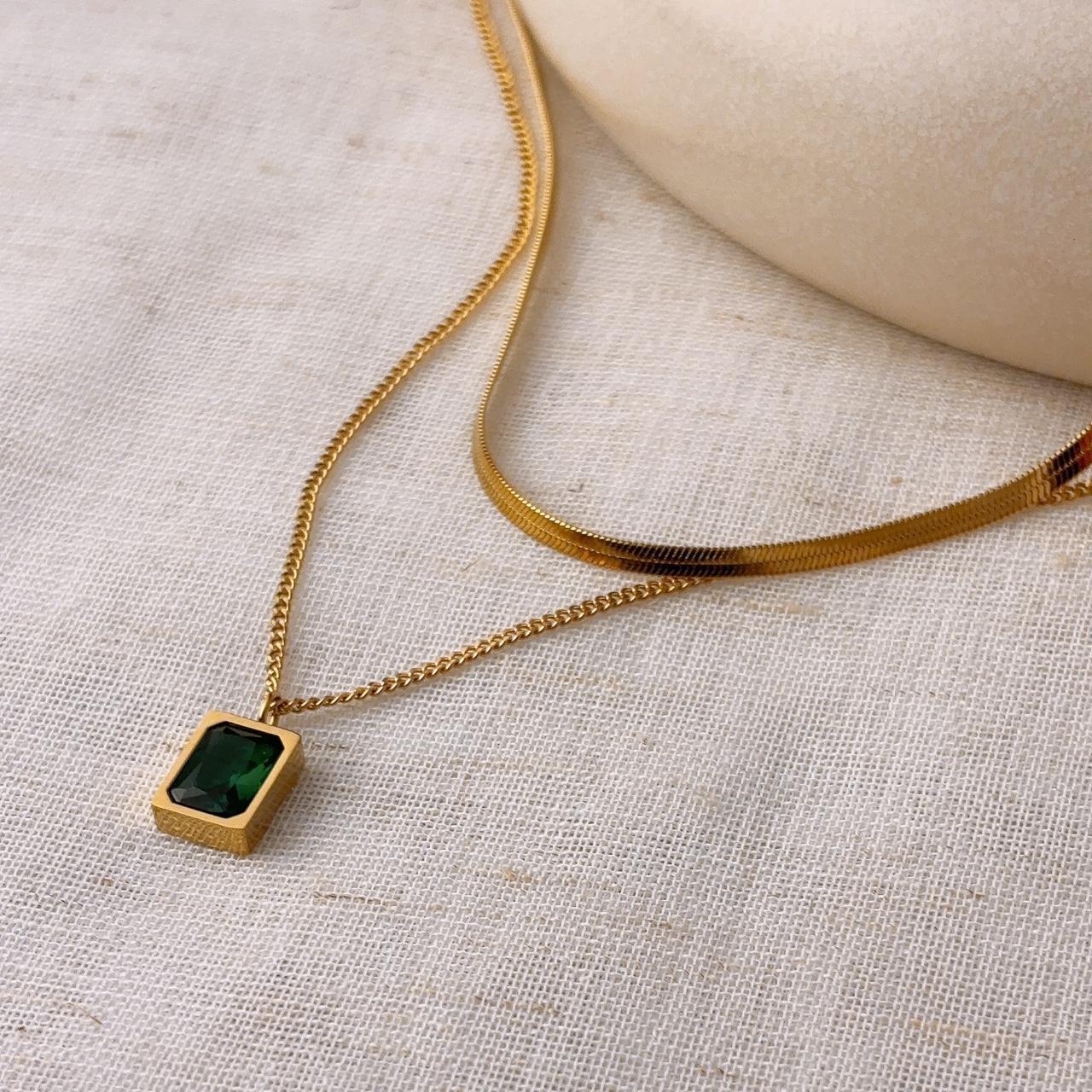 Eliza Emerald Gem Double Layer Gold Necklace