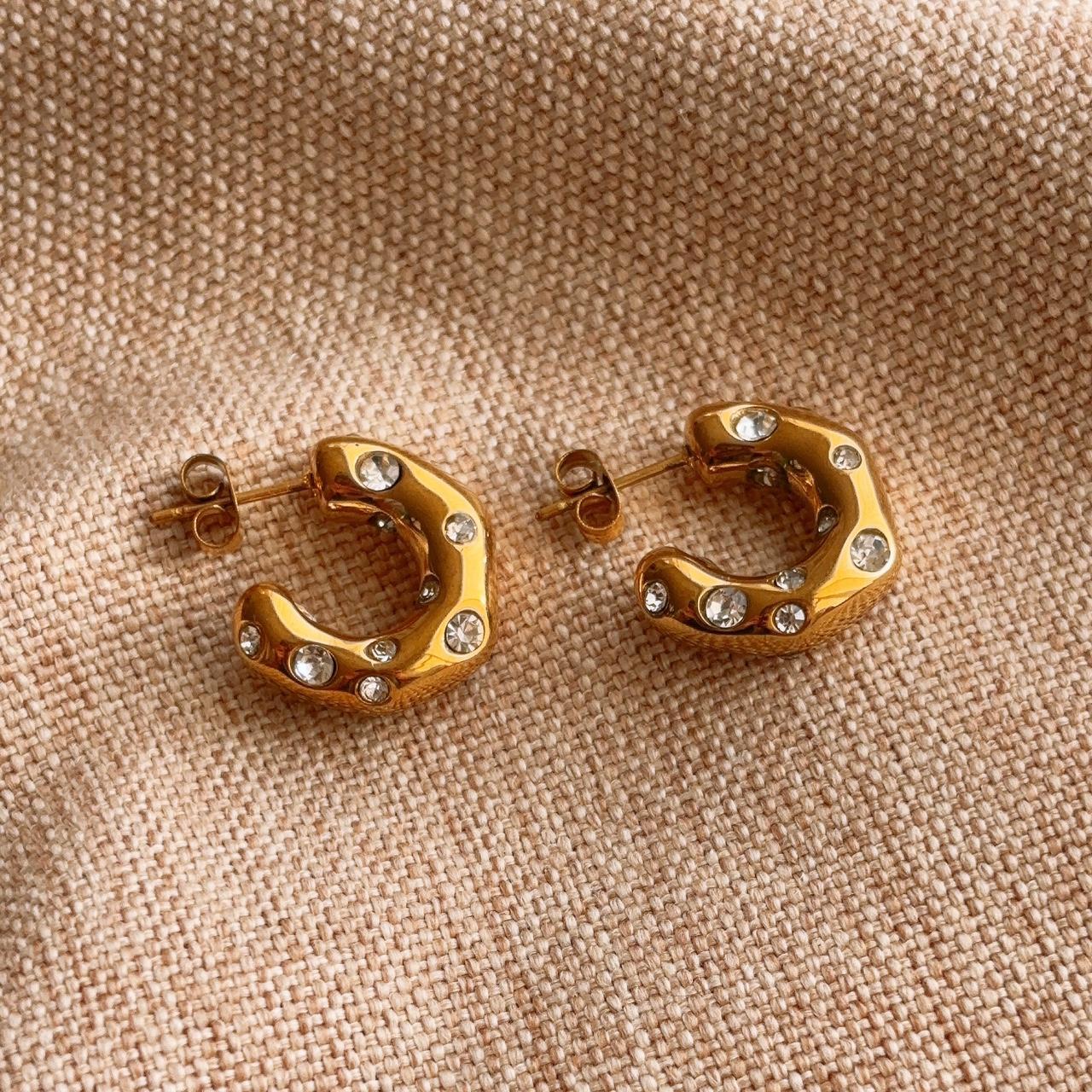 Textured embellished gold hoop stud earring