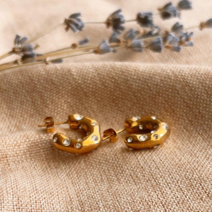 Textured embellished gold hoop stud earring