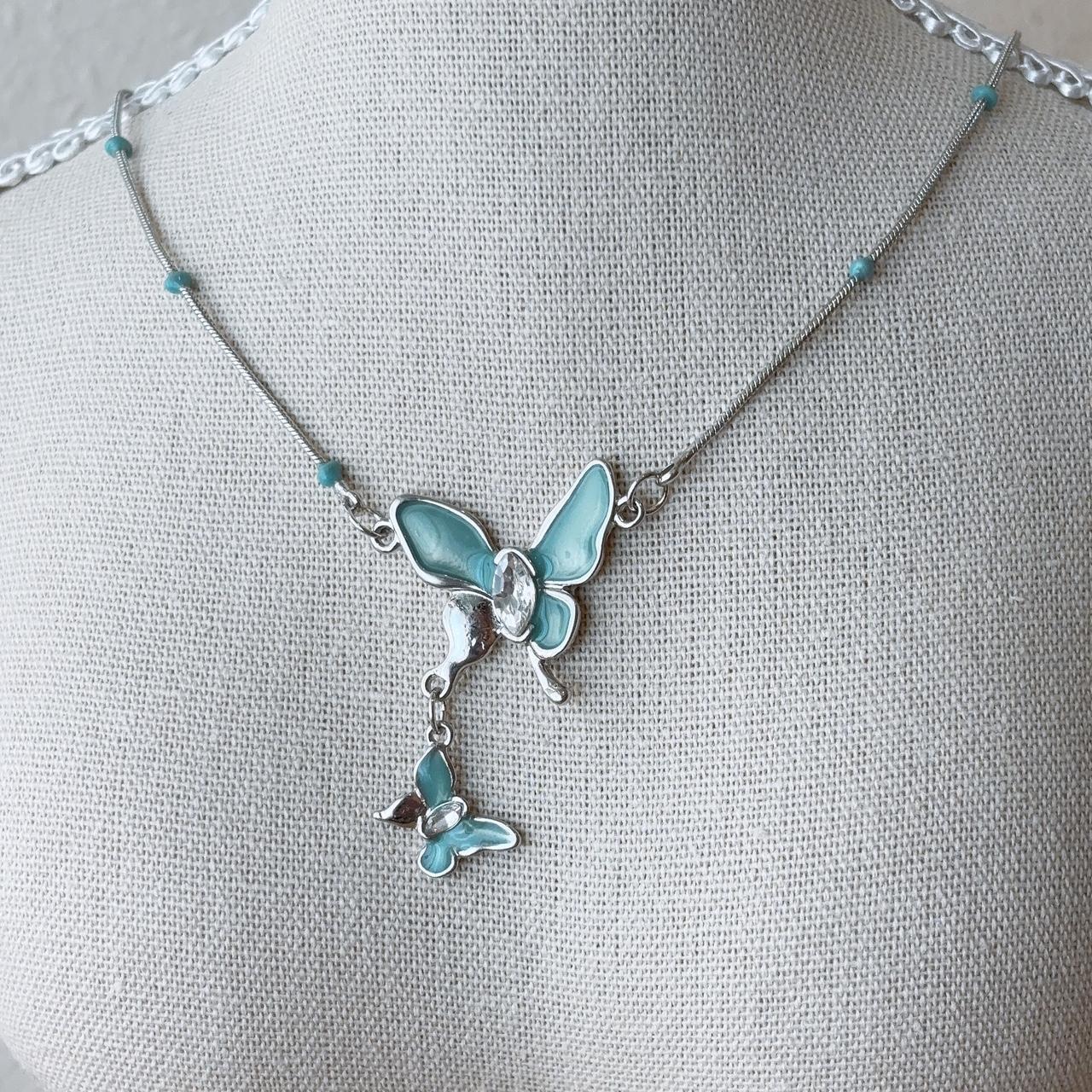 Tilly teal blue butterfly silver necklace