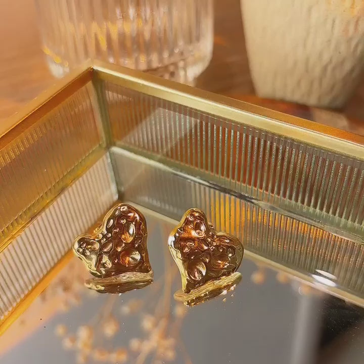 Marie Heart Gold Hammered Stud Earrings