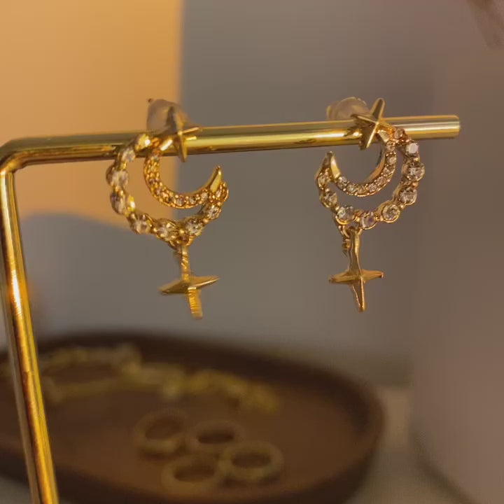 Gold Moon Drop Star Burst Embellished Dangle Earrings